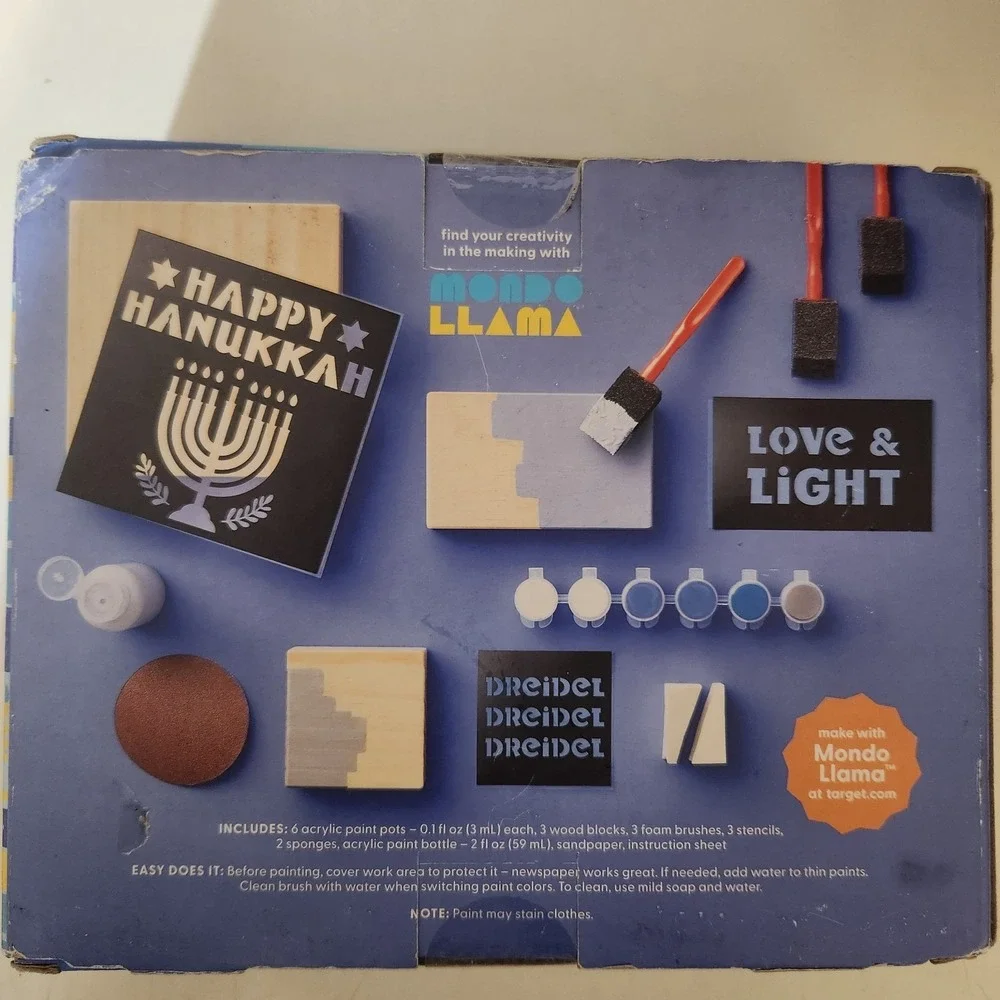 Mondo Llama Hanukkah Paint-Your-Own‎ Wood Blocks Kit Dreidel Menorah NEW
